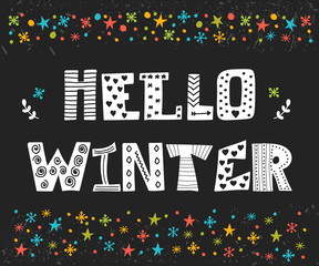 Hello Winter greeting card. Winter concept card. Cute postcard w