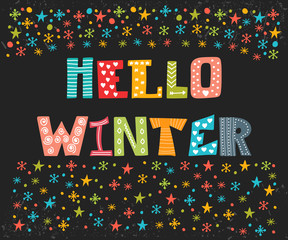 Hello Winter greeting card. Winter concept card. Cute postcard