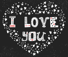 I love you. Romantic card with heart. Cute postcard with decorat