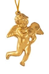 Little figure of a golden christmas angel isolated on white back