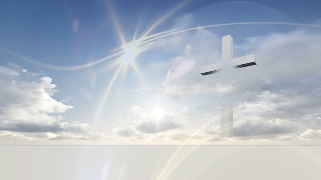 animation of white cross with time lapse motion clouds against a deep blue sky
