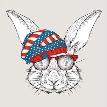 Hand draw rabbit in a USA hat. Vector illustration