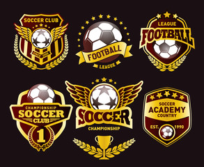 Set of Soccer Football Crests and Logo Emblem Designs. Football Championship Winner Gold Emblem