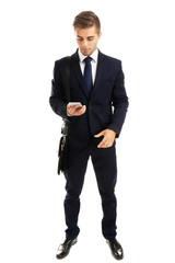 Obraz premium Elegant man in suit with briefcase isolated on white