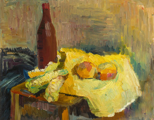 Beautiful Original Oil Painting with still life with bottle of wine on the table corl and apples in woven - 95426318