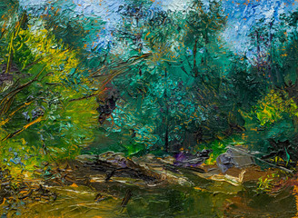 Beautiful Original Oil Painting with enchanting landscape, river reeds trees, impressionism style green light green and pink colors - 95426382