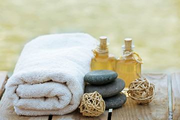 Set of relaxing things on wooden background