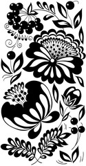 black-and-white flowers, leaves and berries. Background painted in the old style