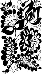 black and white flowers and leaves. Floral design element in retro style