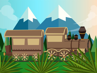 old train steam vector locomotive cartoon in jungle green illustration