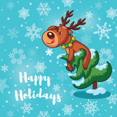Happy Holidays card with cute cartoon deers