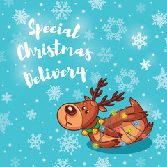 Special Christmas Delivery. Holiday card with cute cartoon deer