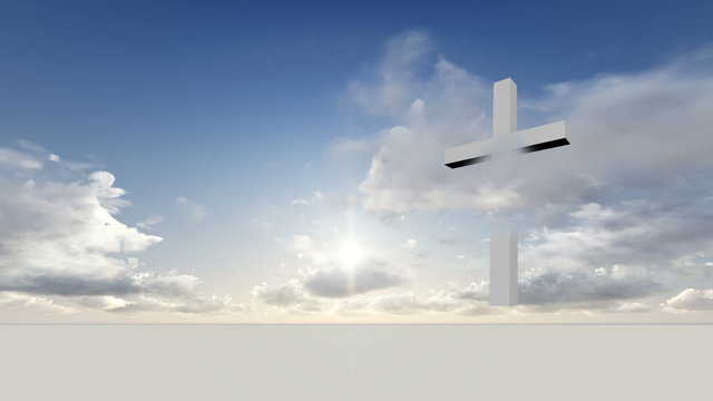 animation of white cross with time lapse motion clouds against a deep blue sky