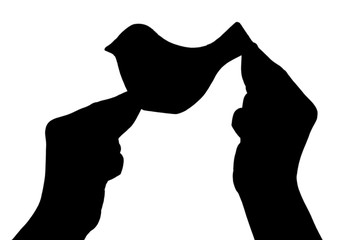 Silhouettes of hands with decorative birds, isolated on white