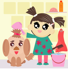 Vector illustration of cute girl is cleaning her dog. 