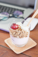Granola with fruits on work station