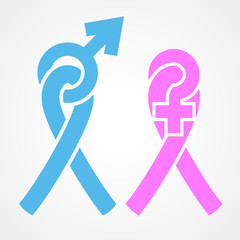 Blue and pink ribbons with male and female signs