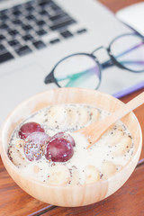 Granola with fruits on work station