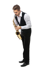 Fototapeta premium Happy saxophonist plays music on sax in elegant suit on white background