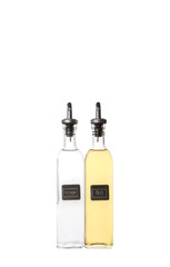Vegetable cooking oil and white vinegar in a glass bottles over white background