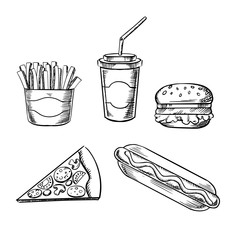 Pizza, burger, french fries, hot dog and soda