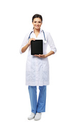 Smiling medical doctor holding a tablet isolated on white
