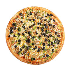 pizza with mushrooms black olives onions green pepper isolated o