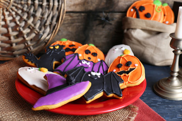 Halloween cookies on red plate