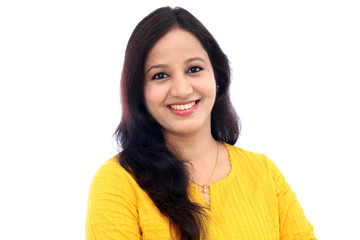 young woman against white background