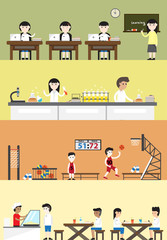 Cartoon school interior layout for science chemistry laboratory, sport gym physical education cafeteria canteen for student children banner (vector)
