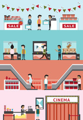 Cartoon department store mall building interior layout for cinema Christmas sale, game center, and gift shop with customer and employee banner background, create by vector 