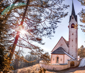 Catholic roman Church of St. Jacob above Ortisei in Italian Dolo