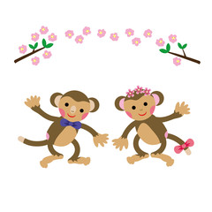 Fototapeta premium 梅の花と二匹のかわいいサルの男の子と女の子のイラスト素材