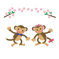 Fotobehang Aap Illustratiemateriaal van jongen en meisje van pruimenbloesem en twee schattige aapjes