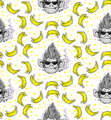 print, seamless pattern with smoking monkey face with glasses, banana, a symbol 2016, vector illustration