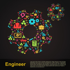 Mechanical engineering gear infographic banner template layout icon design of profession tools sign and symbol used for website with sample text in black isolated background (vector) 