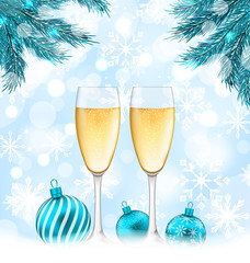 Merry Christmas Background with Glasses of Champagne