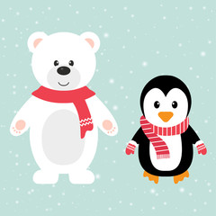 winter bear and penguin with scarf
