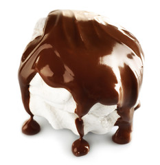 Chocolate poured on marshmallow isolated on white
