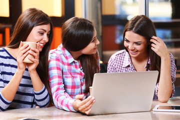 Best friends with laptop together sitting in cafe