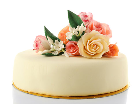 Cake With Sugar Paste Flowers, Isolated On White