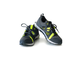 grey sneakers with neon green inserts