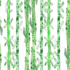 Seamless pattern with watercolor green bamboo painted on a white background