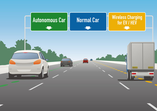 highway sign illustration, autonomous car lane, normal car lane, wireless charging lane