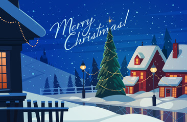 Village at night. Christmas greeting card. Vector illustration.