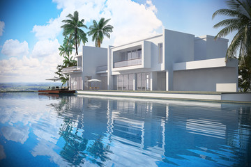 Luxury modern white house overlooking a tropical landscaped garden with palm trees and curving blue swimming pool. 3D rendering.