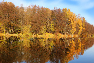 Beautiful autumn park. Autumn in Minsk. Autumn trees and leaves. Autumn Landscape.Park in Autumn. Mirror reflection of trees in water. Minsk city. Victory park in Minsk