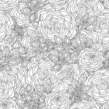 Doodle flowers and leaves seamless pattern. Zentangle style floral background.