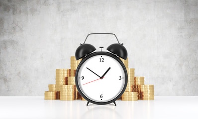 An alarm clock is on the foreground and golden coins which are on the background.A concrete wall. A concept of time management or billing services in legal or consulting company. 3D rendering.