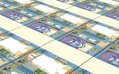 Omani rials bills stacked background. Computer generated 3D photo rendering.